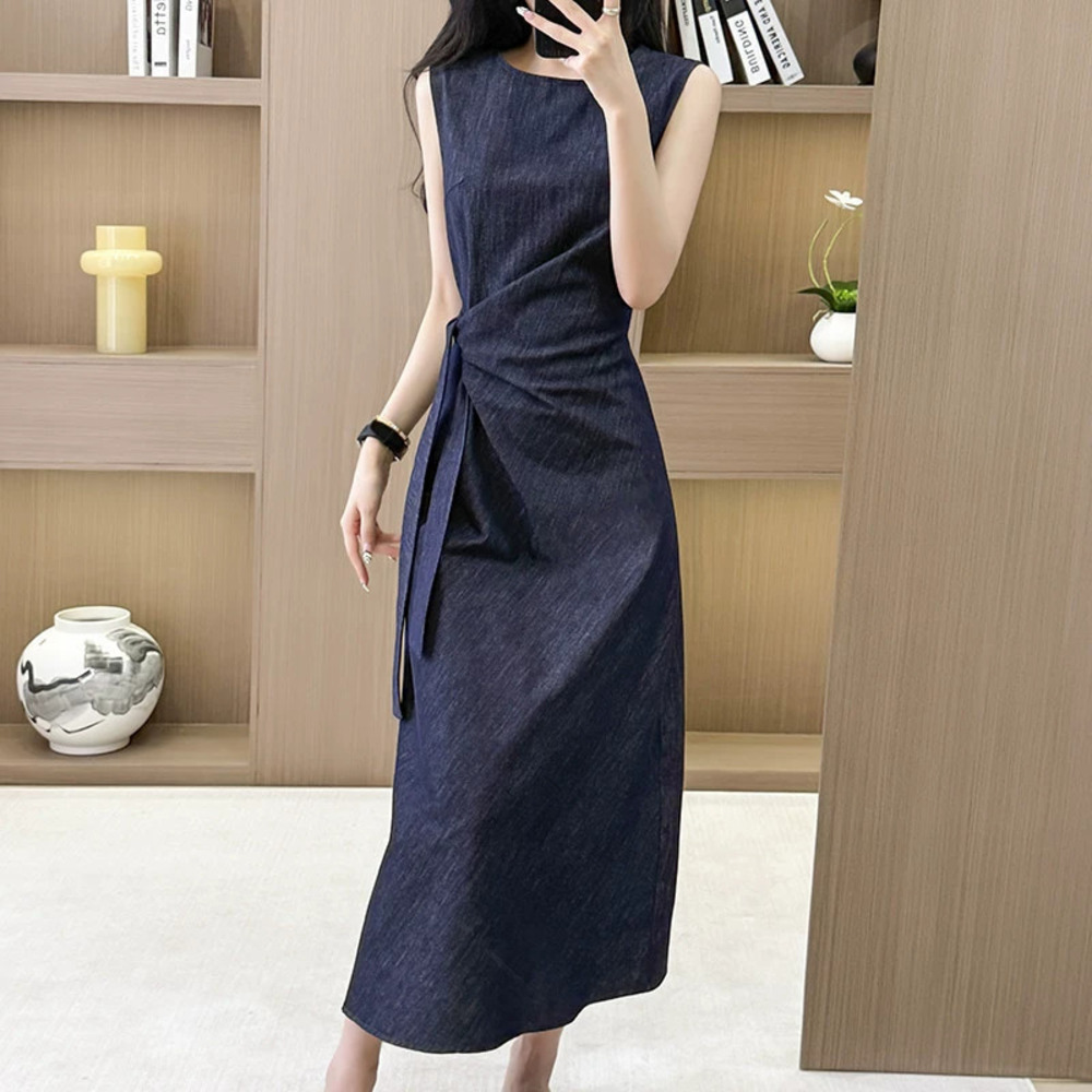 French Chic Twist Knot Tie Waist Denim Tank Dress